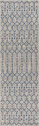 Eyely Moroccan Woven Runner Rug 2X10 Light Gray/Navy, Indoor Outdoor Rug - Image 3