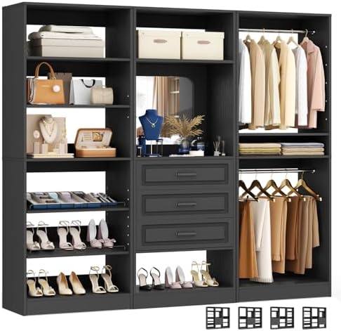 Unikito 75" Modular Closet System with 3 Sets, Mirror & Drawers, Black by Unikito
