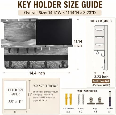 Key Holder Wall Mount with Shelf, Key Hooks for Wall, Washed Gray - Image 2