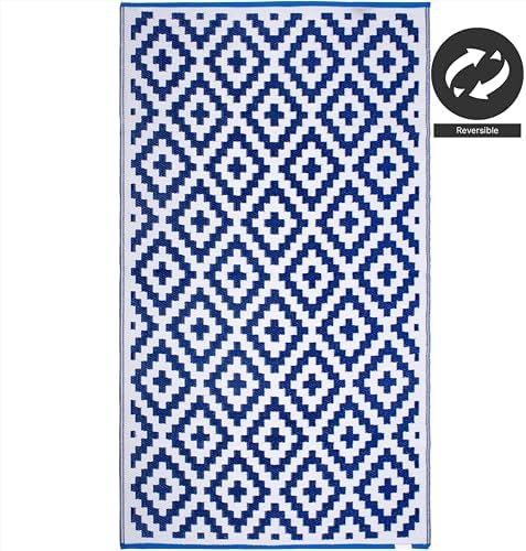 FH Home Outdoor Rug - Waterproof, Fade Resistant, Reversible - Premium Recycled Plastic - Geometric - Patio, Porch, Deck, Balcony - Aztec - Blue & White Crease Free - 5 x 8 ft - Image 5