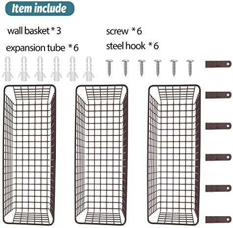 3 Set [Extra Large] Hanging Wall Basket for Storage, Wall Mount Sturdy Steel Wire Baskets, Metal Hang Cabinet Bin Wall Shelves, Rustic Farmhouse Decor, Kitchen Bathroom Organizer, Brown - Image 3