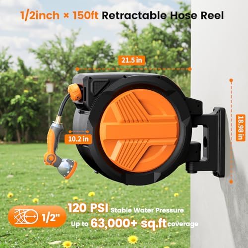 Retractable Garden Hose Reel 1/2” x 150ft, Auto Rewind Hose Reels for Outside, Heavy-Duty Wall-Mounted Outdoor Hose, 10-Mode Nozzle, Adjustable Length, 180° Rotation for Watering, Car Washing - Image 2