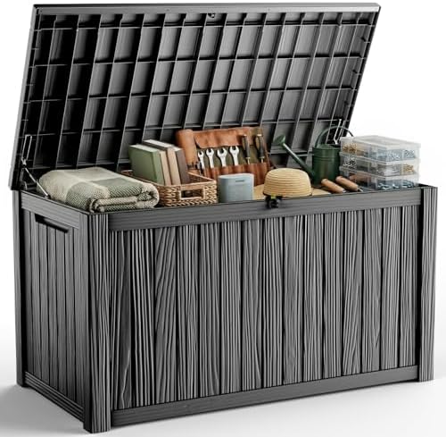 Outdoor Waterproof Resin Storage Deck Box Lockable Outside Bench UV Resistant Bin Patio Porch Furniture Pool Float Garden Tool Cushion (Black, 200 Gallon) by MAIUSCOLI