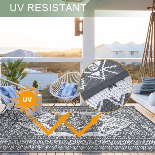 COZYLOOM Waterproof Outdoor Rug 9x18 ft, Plastic Reversible Rug, Vintage Area Rug, Large Floor Mat with 4 Stakes for Outdoors, RV, Patio, Backyard, Deck, Picnic, Beach, Camping, Grey & White - Image 5