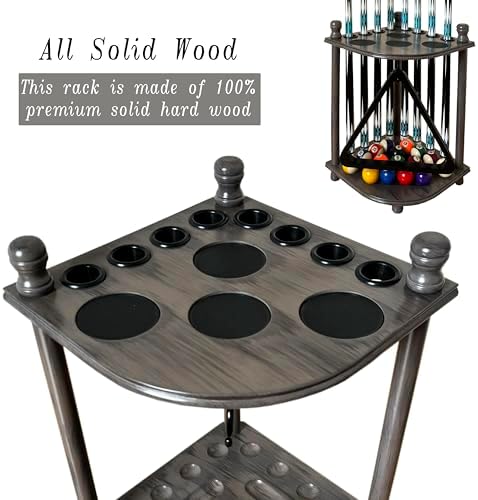 Pool Cue Rack Hold up to 8 Sticks & Billiard Accessories. Floor Stand Pool Cue Stick Holder Made of 100% Solid Hardwood.(GREY) - Image 2