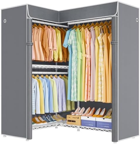ULIFHOME E15C Garment Rack L Shaped Clothes Rack for Corner，Freestanding Clothing Racks for Hanging Clothes，Heavy Duty Closet Organizer 43.4"W x 15.8"D x 78.4"H，White Rack with Grey Dustproof Cover - Image 2