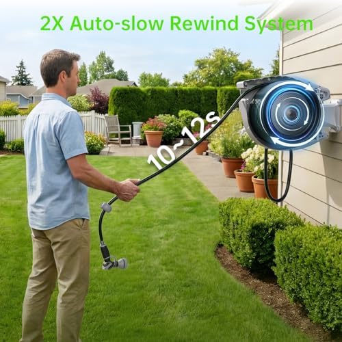 Retractable Garden Hose Reel, 5/8in 100 ft Hose Reel with 9 Patterns Nozzle - Image 4