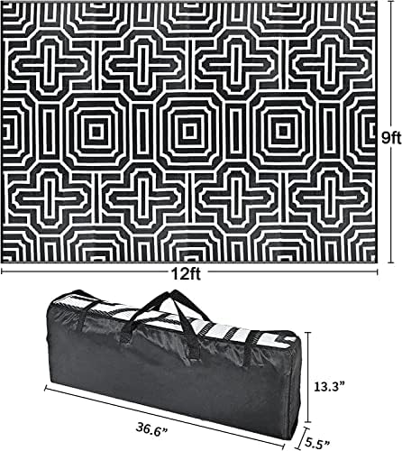9' x 12' Plastic Straw Rug, Outdoor Patio Rug, RV Large Floor Mat for Outdoors, RV, Patio, Backyard, Deck, Picnic, Beach, Trailer, Camping, (Black&White | Parquet) - Image 2