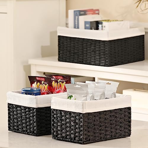 Vagusicc Storage Basket, 3-Pack Woven Paper Rope Wicker Baskets for Storage with Handles, 15 Inches Large Cube Storage Bins Woven Storage Baskets with Liners for Shelves Organizing & Decor, Black - Image 4
