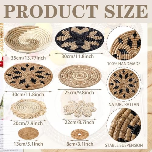 11 Pcs Boho Hanging Wall Basket Decor Handmade Woven Basket Wall Decorative Boho Wicker Baskets Placemats Round Farmhouse Bulrush Art for Rustic Home Decorations Christmas Gift(Rustic) - Image 3