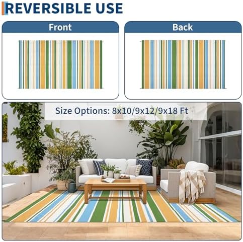 GAOMON 9x18 Outdoor Rug Waterproof for Patio Plastic Straw Large Rug Geometric Stripe Outdoor Area Rug Modern Lines Outdside Camping Rugs for RV Porch Deck Backyard Balcony, Yellow Blue Green White - Image 4