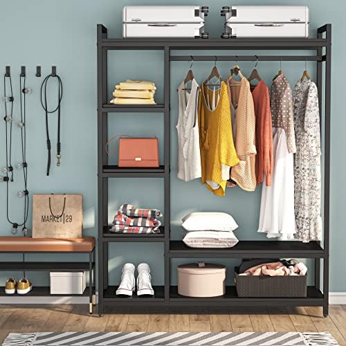 LITTLE TREE Free Standing Wood Closet Clothes Rack,Heavy Duty Grament Rack with Shelves,Hanging Racks for Clothes Clothing Rack for Bedrom,Wardrobe Closet Organizer,350 lb Capacity,Black - Image 2