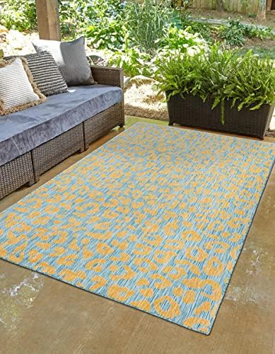Unique Loom Outdoor Safari Collection Area Rug - Leopard (10' x 14' 1" Rectangle, Blue Yellow/ Blue) by UniqueLoom
