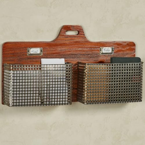 Sawyer Vertical Wall Organizer - Mission Red Oak - Handcrafted - Wooden Back, Metal Baskets - Vintage Hanging Organizer - Two Tier Basket for Mail, Paper, Letters - 24 Inches Wide Horizontal - Image 2