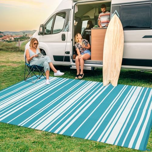 GAOMON 9x18 Outdoor Rug Modern Geometric Lines Large Plastic Straw Rugs Non Shedding Reversible Indoor Outdoor Rugs UV-Resistant Portable Outside Carpet for Trailer Backyard Balcony Light Blue White - Image 2