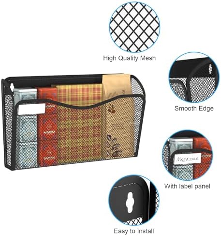 BOHDK Wall File Organizer, 6 Single Pockets Mesh Hanging File Organizer, Mount Document Magazine Rack with Labels, Hanging File Folders for Office, Home and School, Black - Image 3
