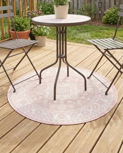 Rugs.com - Outdoor Aztec Rug – 3 Ft Round Pink Indoor/Outdoor Rug – Weather-Resistant Flatweave for Patios, Decks, and Porches by Rugscom