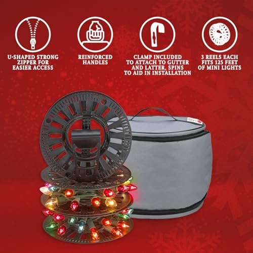 Premium Christmas Light Storage Bag – Heavy-Duty 600D Tear-Proof Material with Reinforced Handles – Includes 3 Reels, Stores up to 375 Ft of Mini Lights & Extension Cords – Grey with PVC Lining - Image 2