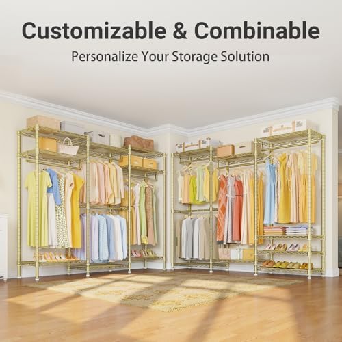 VIPEK V5i Garment Rack Heavy Duty Clothes Rack, Portable Closet Wardrobe Bedroom Armoires Freestanding Clothing Rack with 8 Adjustable Shelves & 4 Hang Rods, 68.9" L x 15.7" W x 76.4" H, Gold - Image 5