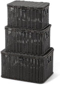 Nonam Wicker Storage Basket With lid, Large Stackable Plastic Bin, Black by Home