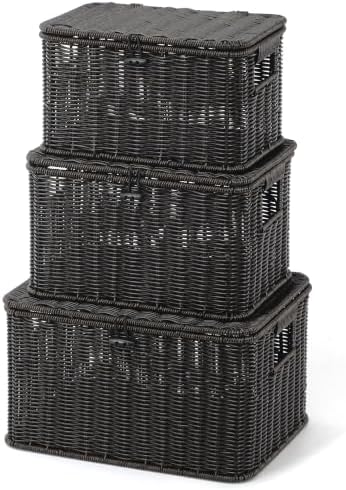 Nonam Wicker Storage Basket With lid, Large Stackable Plastic Bin, Black by Home
