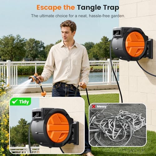 Retractable Garden Hose Reel 1/2” x 150ft, Auto Rewind Hose Reels for Outside, Heavy-Duty Wall-Mounted Outdoor Hose, 10-Mode Nozzle, Adjustable Length, 180° Rotation for Watering, Car Washing - Image 3