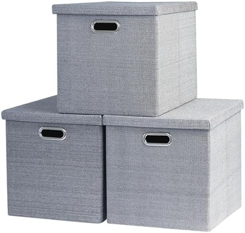 Storage Bins with Lids,13 x 13 Inch Foldable Fabric Cube Baskets Boxes Organizer for Closet, Shelves, and Home. (Gray, (13x13) 3 pack) by EITMOW