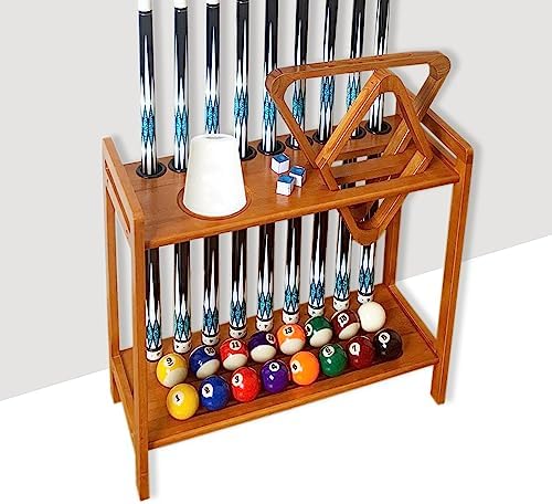 Pool Stick Holder Floor Stand Holds 9 Cues & Pool Table Accessories. Wooden 2-Tier Cue Stick Storage with Ball Rack Hangers, Billiard Cone Chalk Holder or Drink Pads - Image 5