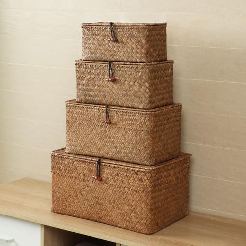 4 Pack, Wicker Baskets with Lids, Natural Seagrass Storage Baskets, Woven Rectangular Basket Bins, Rattan Storage Organizer for Shelf (Coffee, Set of 4) - Image 4