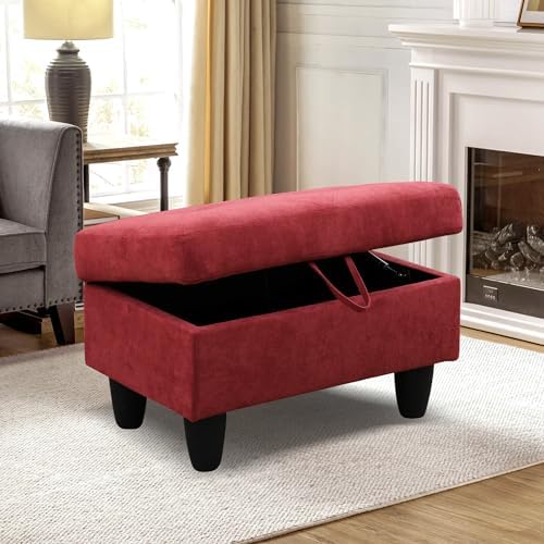 28.5'' Ottoman with Storage, Flannel Ottoman Foot Rest for Living Room Upholstered Footstool, Perfect Storage Ottoman Bench Bag Floor Chair for Bedroom or Entryway, Red - Image 3