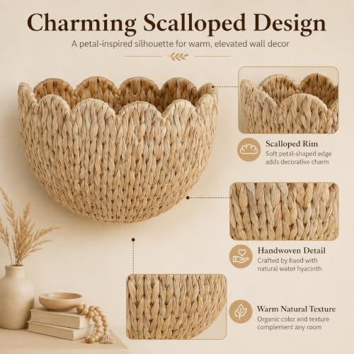 Scalloped Hanging Wicker Baskets for Wall, Scalloped Home Decor, Hanging Woven Rattan Basket for Flowers Front Door Bathroom Storage (Water Hyacinth-Set of 2) - Image 7