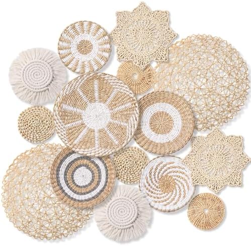 15 Pcs Boho Wall Basket Decor Woven Rattan Seagrass Wall Decor Hanging Rustic Farmhouse Western Art Decoration for Nursery Living Room Bedroom Home Kitchen(Grey White Style) by Anglechic