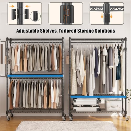 BATHWA Rolling Tall Garment Rack with 2 Rods & 3-Tier Adjustable Shelves, 35.5" W x 16.5" D x 80.7" H, Heavy Duty Clothes Hanging Racks Portable Wardrobe Closet Organizer for Bedroom, Laundry, Black - Image 6