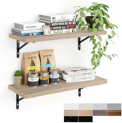 Kaboon 27 inch Long 10 inch Deep Floating Shelves for Wall Set of 2, Large Open Shelves Wall Mounted, Space Saving Home and Commercial Use, Oak/Grey Tone by Kaboon