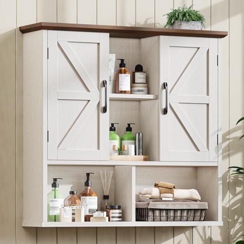 Vabches Bathroom Wall Cabinet, Farmhouse Medicine Cabinet with Double Barn Door and Adjustable Shelves, Wooden Vintage Storage Cabinet Wall Mounted for Bathroom, Kitchen Dining, Rustic White by Vabches
