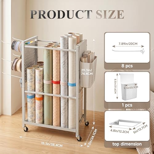 Adjustable Wrapping Paper Organizer Cart with Hooks & Slap Bands - Image 2