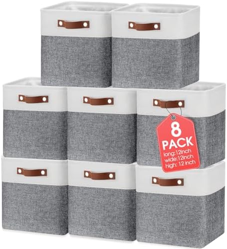 Uiifan 8 Pack 12 x 12 x 12 Inch Large Storage Baskets Collapsible Fabric Storage Cubes Bins with Handles for Shelves Closets Nursery Home Clothes Toys Organizers, Gray by Uiifan