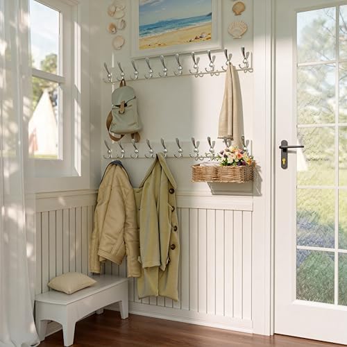 SKOLOO Creations White Solid Wood Wall Mounted Coat Rack, 10 Hooks, 38-1/8" Long - Kitchen, Mudroom, Entryway, Bathroom - Includes Mounting Hardware, Wall Coat Hanger, Towel Rack, Pack of 2 - Image 2