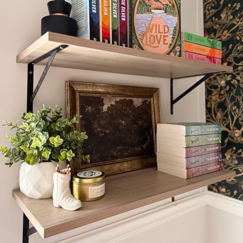 Kaboon 27 inch Long 10 inch Deep Floating Shelves for Wall Set of 2, Large Open Shelves Wall Mounted, Space Saving Home and Commercial Use, Oak/Grey Tone - Image 2