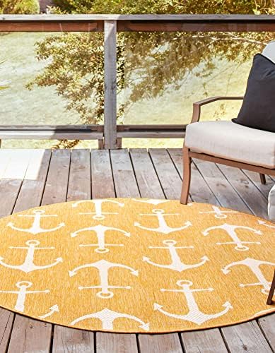 Unique Loom Outdoor Coastal Collection Area Rug - Ahoy (5' 3" Round, Yellow) - Image 4