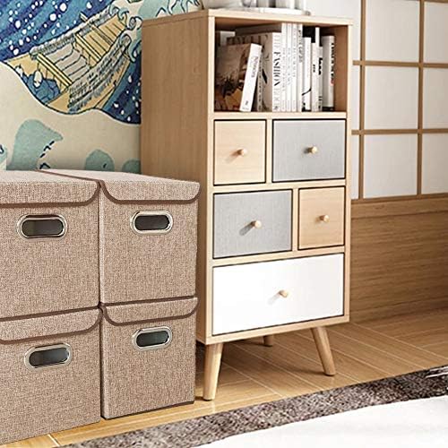 Storage Bin [Set of 4] Linen Fabric Foldable Container with Lid, Collapsible Organizer Boxes Cubes – 10 x 10 x 10 Inches (Beige) - Image 3