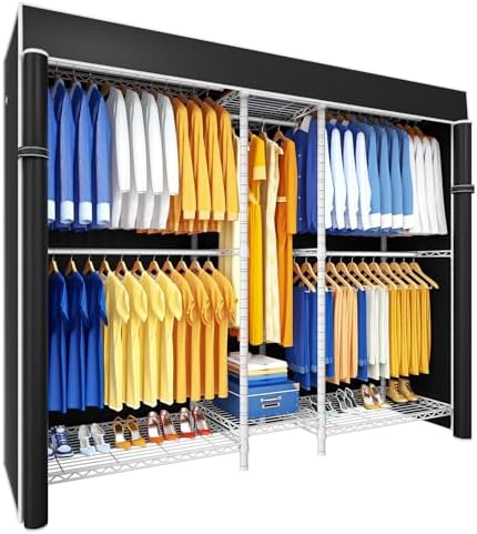 Ulif E12C Pro Heavy Duty Closet Organizer System，Freestanding Clothing Racks for Hanging Clothes，Adjustable Garment Rack 71"W x 16"D x 76.5"H Hold 960lbs，White Clothing Rack with Black Dustproof Cover by Ulif