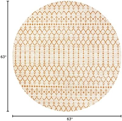 Eyely Moroccan Woven Round Rug 5 Ft Cream/Orange, Indoor Outdoor Rug - Image 2