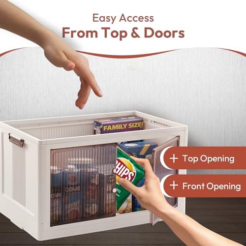 95 QT Foldable Stackable Storage Bins with Doors – Magnetic Doors Stackable Open Front Storage Bins - Collapsible Storage Box with Leather Handles for Organizing Pantry, Books, Clothes - Image 4