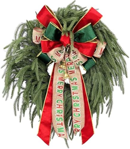 24 Inch Norfolk Pine Wreath with Large Merry Christmas Bow – Real Touch Norfolk Pine Winter Holiday Green Wreath for Front Door, Weatherproof Outdoor Porch Decoration, Includes Storage Bag by Unknown