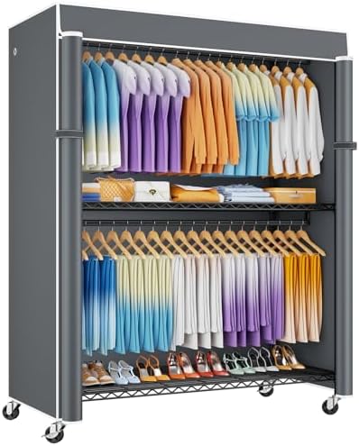 ULIFHOME P8C Max Heavy Duty Clothes Rack（With Extended Width Design） Rolling Clothing Racks for Hanging Clothes with Lockable Wheels，51.2" W x 15.8" D x 80.5" H，Load 800LBS，Black Rack with Grey Cover by UlifHome