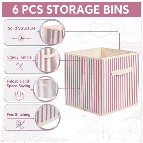 Amyhill 6 Pack Pink Striped Basics Collapsible Fabric Storage Bins - Image 3