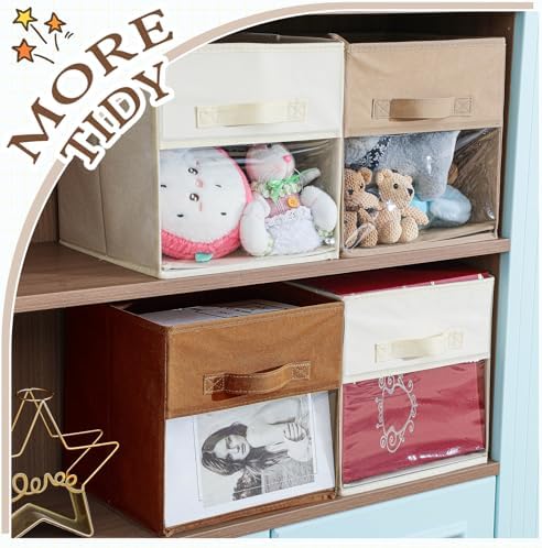Marsui 12 Pcs Clear Cube Storage Bins Collapsible Fabric for Kids, Brown - Image 5