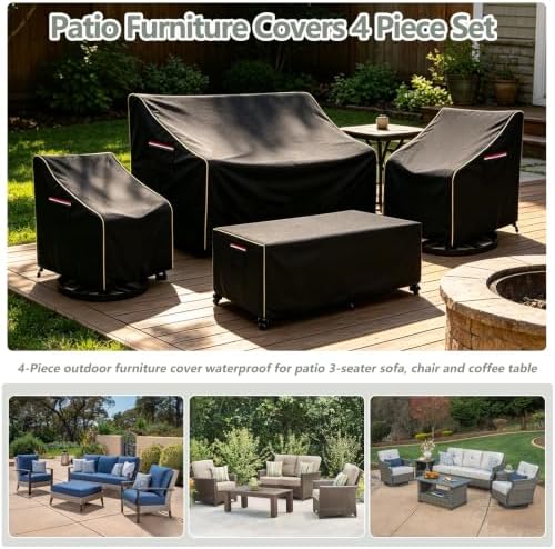 4-Piece Patio Furniture Cover Set, 600D Heavy Duty Outdoor Furniture Covers Waterproof — Fits 3-Seater Sofa, Swivel Rocker Chair & Coffee Table, All Weather Outdoor Protection, Small - Image 2