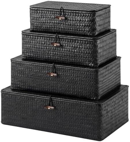 Woanger Set of 4 Wicker Baskets with Lids, Black by Woanger